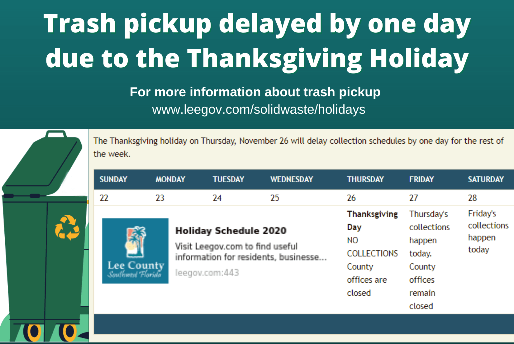 trash pickup delayed due to thanksgiving 2020